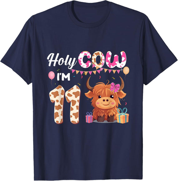 Holy Cow I'm 11 Year Old Birthday Highland Cow 11th Bday Kid T-Shirt - Navy Blue