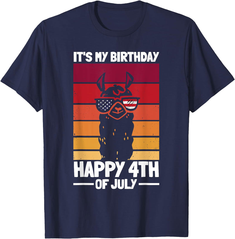 4th Of July Patriotic Day Llama Funny Llama Patriotic It's My Birthday Happy 4th Of July T-Shirt - Navy Blue