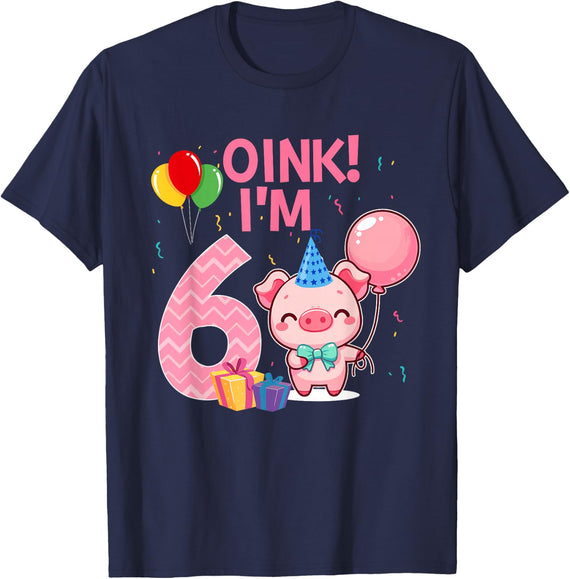 6 Year Old Pig Lover 6th Birthday Farm Animals Themed T-Shirt - Navy Blue