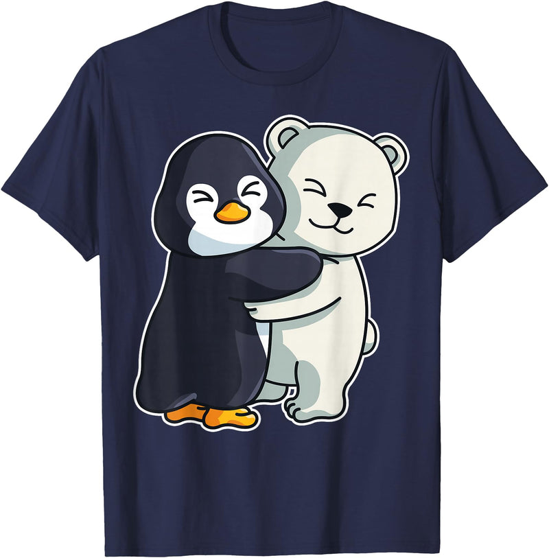 Penguin and Polar Bear Hug Arctic Animal Polar Bear and Penguin Cute North Pole Animals Hugging T-Shirt - Navy Blue