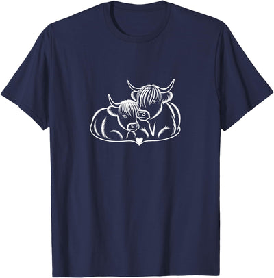 Highland Cow Couple Heart Line Art Cute Scotland T-Shirt