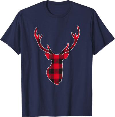 Buffalo Plaid Pajama Christmas Deer Head Red Deer Reindeer T-Shirt