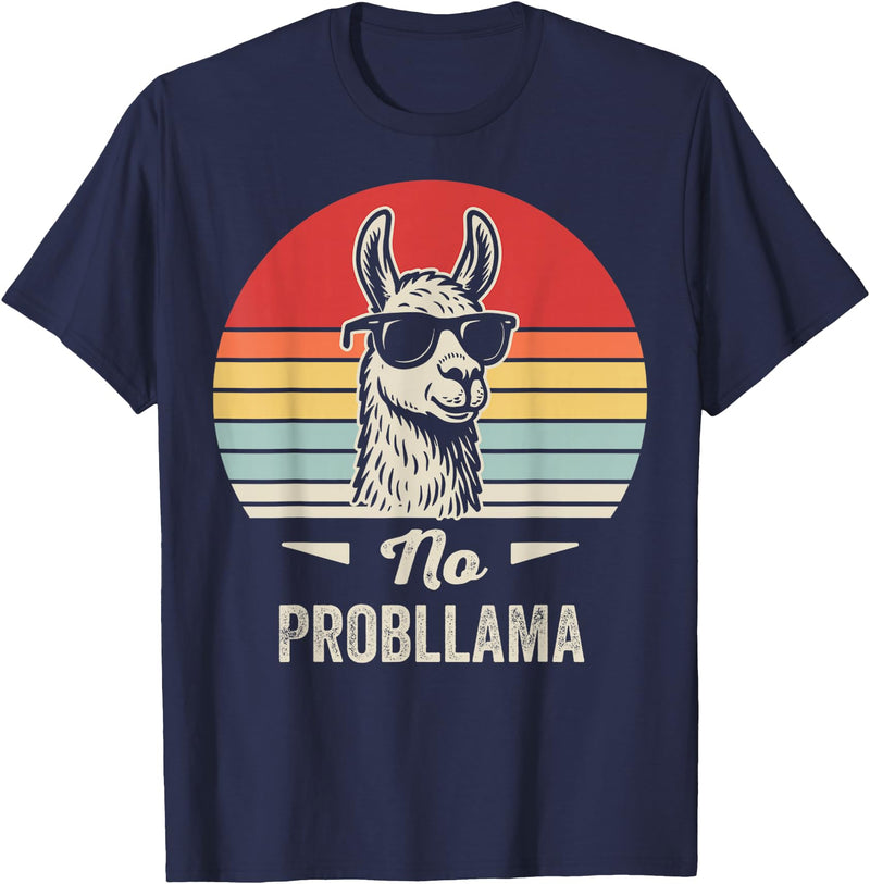 Retro Llama Humor No Drama Vintage Vibes No Probllama Retro Llama Humor Design T-Shirt - Navy Blue