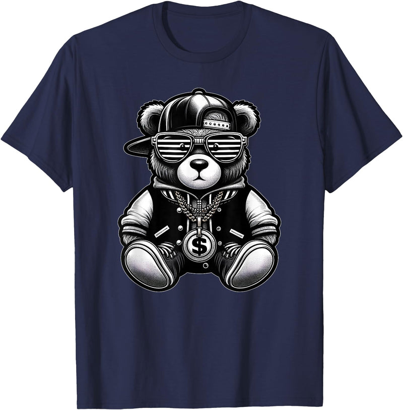 Teddy Bear Hip Hop Lovers Men Women & Kids Funny Hip Hop Teddy Bear 90s Graffiti Art Rap Lover Gangsta T-Shirt - Navy Blue