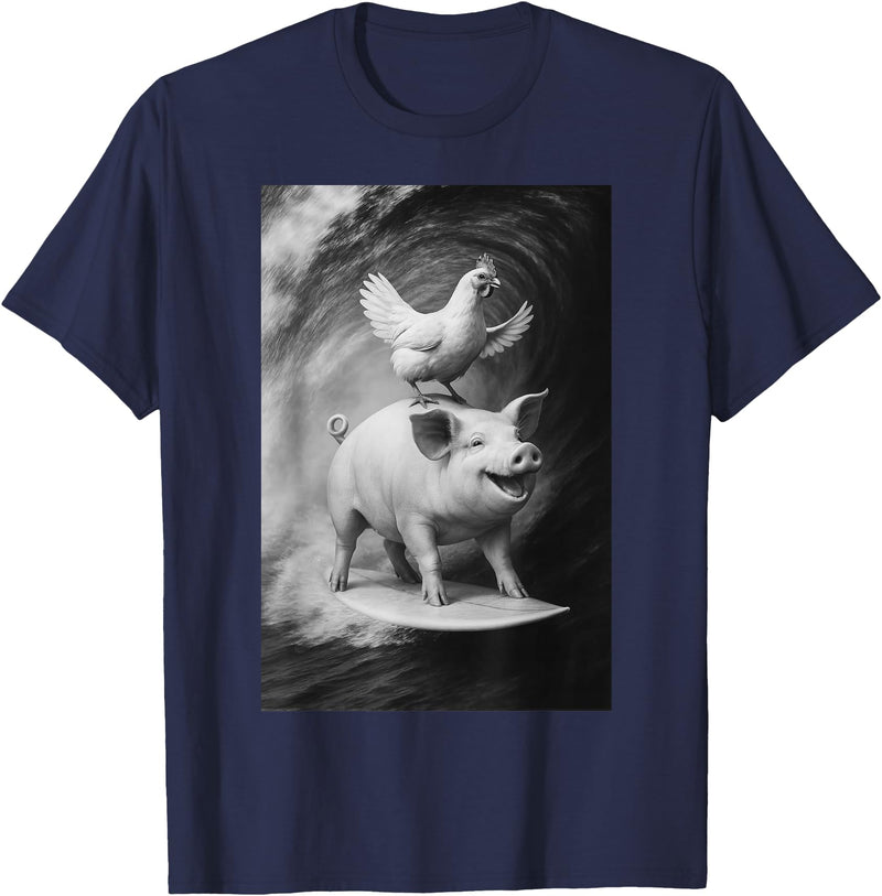Surf Animal Lovers Funny Pet Summer Waves Vibes. Funny Surfing Pig and Chicken Selfie On Farm Animal T-Shirt - Navy Blue