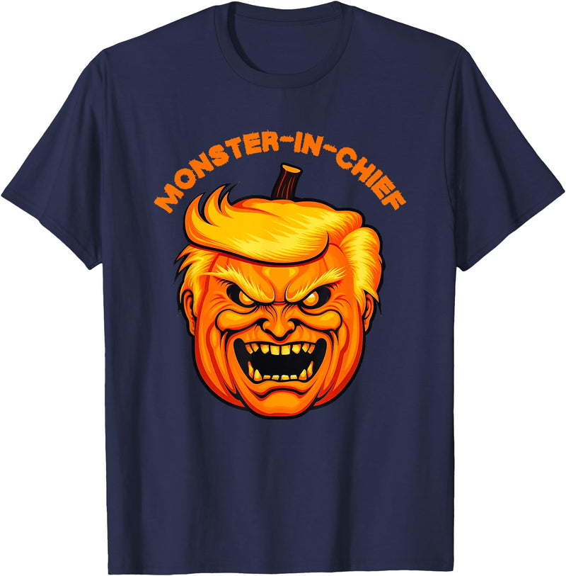 Monster-in-Chief 2024 Political Halloween Costume Monster-in-Chief Scary Trumpkin Trump Pumpkin Head Costume T-Shirt - Navy