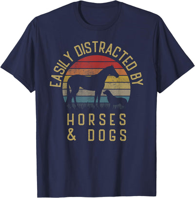 Funny Cute Easily Distracted by Horses Silhoutee Easily Distracted by Horses and Dogs I Like Heart Horse Dog T-Shirt Small