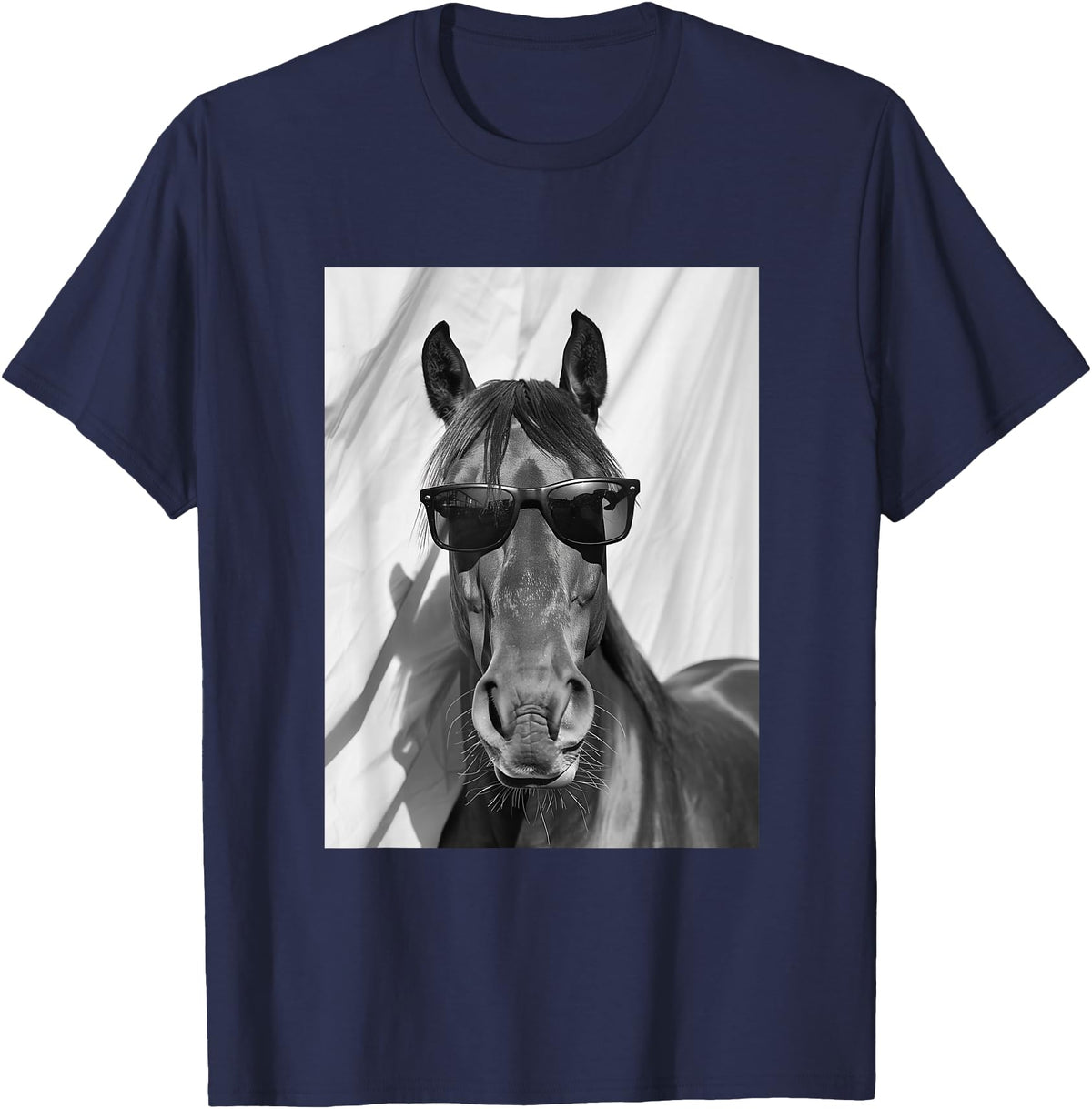 Funny Animal Photography Clothing Co. Cute Horse with Sunglasses Farm Animal Photo Booth T-Shirt - Navy Blue