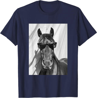 Funny Animal Photography Clothing Co. Cute Horse with Sunglasses Farm Animal Photo Booth T-Shirt - Navy Blue