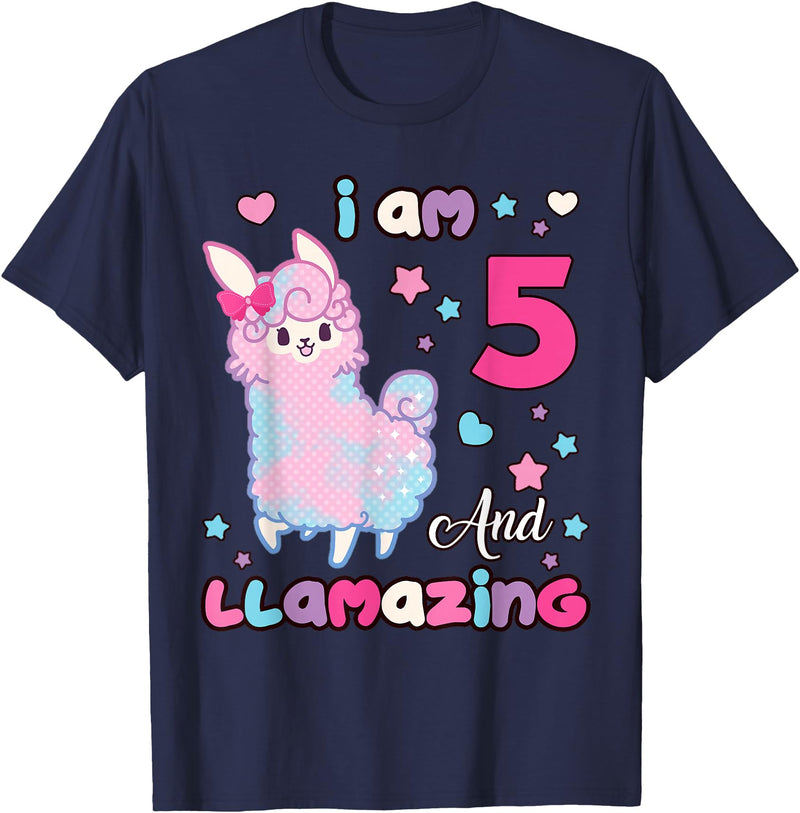 Llamazing Birthday Girl Llama Family BW Art Llama I Am Five and Llamazing 5 Years Old 5th Birthday Girl T-Shirt - Navy Blue