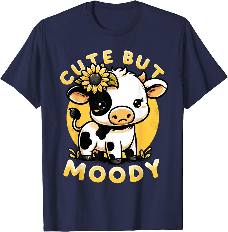 Cowgirl & Cow Lover Calf Gifts for Girls &Women Cute But Moody, Cute Cow, Kids, Farm & Baby Cow Sunflower T-Shirt - Navy Blue