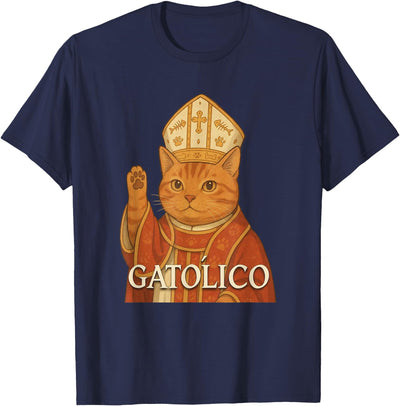 Cat Pope GATÓLICO Religious Meme Design Catholic Cat GATÓLICO Funny Pet Graphic T-Shirt