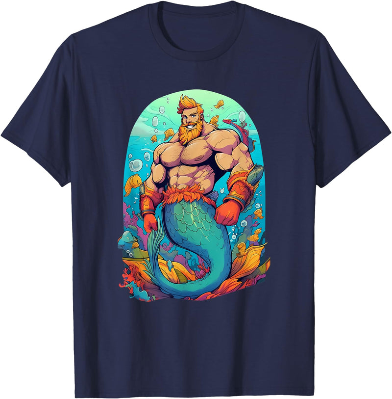 Gay Pride Merman Bear Muscle Daddy Hunk Mermaid LGBTQ Transgender Gay Muscle Dad Bear Mermaid Gay Merman T-Shirt - Navy Blue