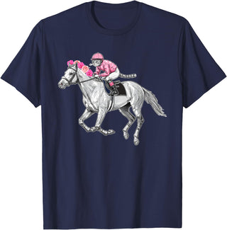 Racehorse and Cat Racer Derby Horse Racing Cat Jockey Funny Race Equestrian Humor T-Shirt - Navy Blue