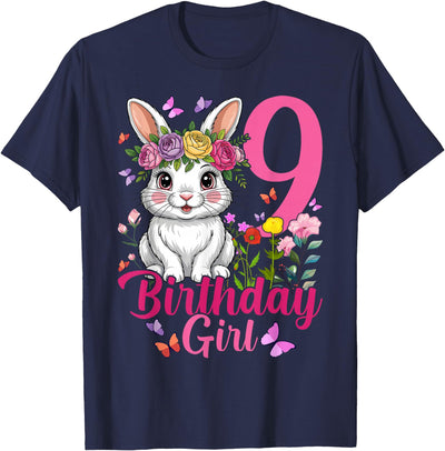 9th Birthday Girl Floral Bunny T-Shirt