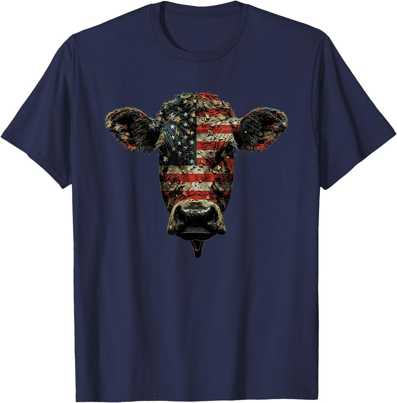 4th Of July Cow Farm Outfits For Men Cow Farm Patriotic Farmer 4th Of July USA American Flag T-Shirt - Navy Blue