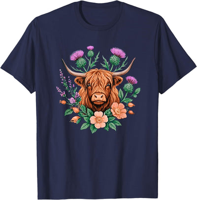 Highland Cow Thistle Country Art Floral Scottish Farm Animal T-Shirt