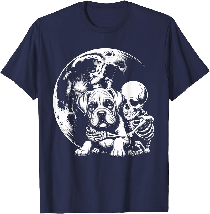 Cute Skeleton Boxer Dog Halloween Women Men Skeleton Hugging Dog Halloween Boxer Lover Mom Dad T-Shirt - Navy Blue