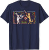 Medieval Rabbit & Dog Sword Fighting Cute Vintage Retro T-Shirt in Navy Blue