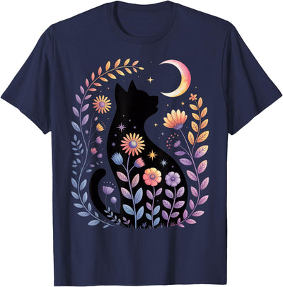 Halloween Black Cat Costume Mystical Cat Lover Midnight Cat and Crescent - Enchanted Lunar Garden Scene T-Shirt