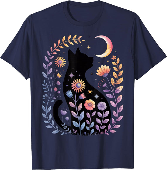 Halloween Black Cat Costume Mystical Cat Lover Midnight Cat and Crescent - Enchanted Lunar Garden Scene T-Shirt - Navy Blue