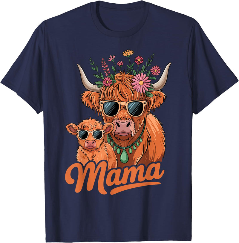 Scottish Farm Matching Mom Daughter Highland Cow Highland Cow Mama Mom Baby Calf Daughter Floral Mothers Day T-Shirt - Navy