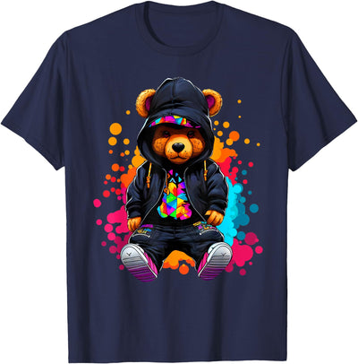 Hip Hop Bear Colorful Teddy Bear With Hoodie Baseball Cap T-Shirt