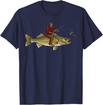 Walleye Fishing Bigfoot Riding Fisherman Funny Angler T-Shirt