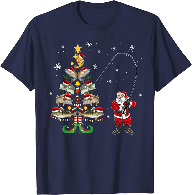 Fishermans Christmas Pajama Gift Tree Lights Merry Fishmas T-Shirt - Navy Blue