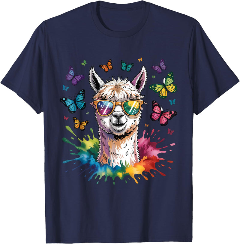 Funny Llama Lover Graphics Cute Llama with Sunglasses Animal Art Graphic Funny Alpaca T-Shirt - Navy Blue