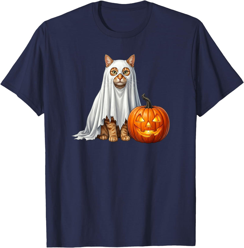 Cute & Funny Spooky Cat and Pumpkin Halloween Orange Cat Ghost and Jack-O-Lantern Halloween T-Shirt - Navy Blue