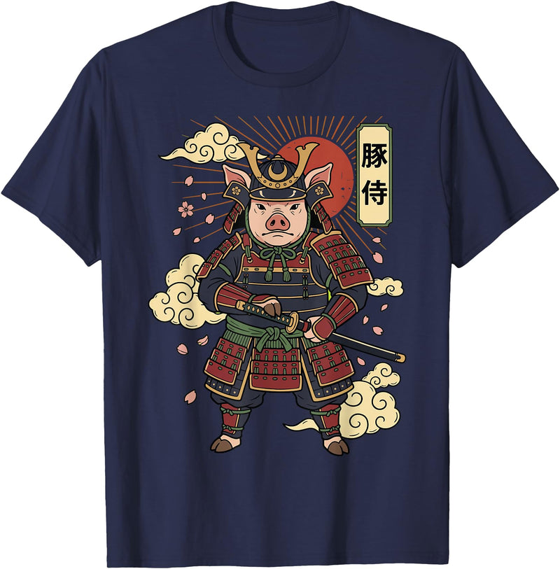 Samurai Pig Anime Japan Pig Samurai Japanese Warrior T-Shirt - Navy Blue