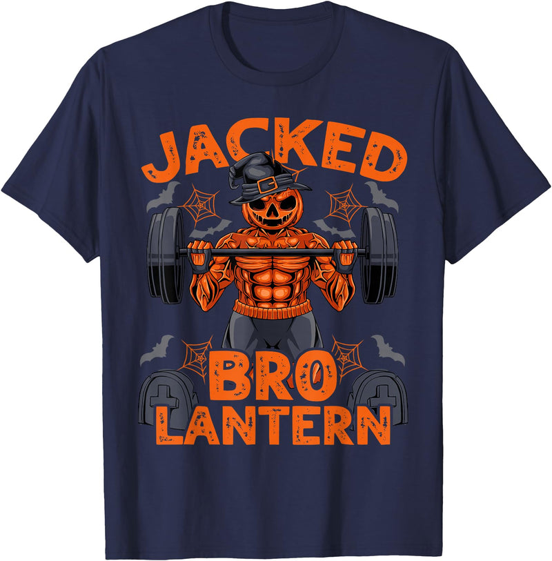 Halloween Muscle BodybuildIng Jack O'Lantern Jacked Bro Lantern Halloween Pumpkin Weightlifting Gym Men T-Shirt - Navy Blue