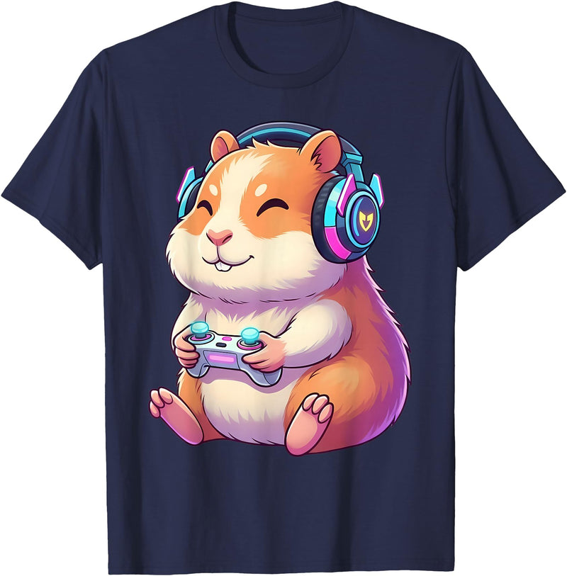 Funny Cute Hamster Gamer Adorable Video Game Animal Design T-Shirt - Navy Blue