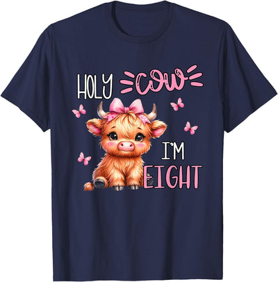 Holy Cow I'm Eight Highland Cow Print 8th Birthday Girl T-Shirt
