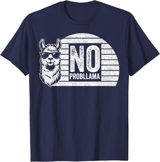 Teetro No Probllama Cool Llama Sunglasses Humor Animal T-Shirt - Navy Blue