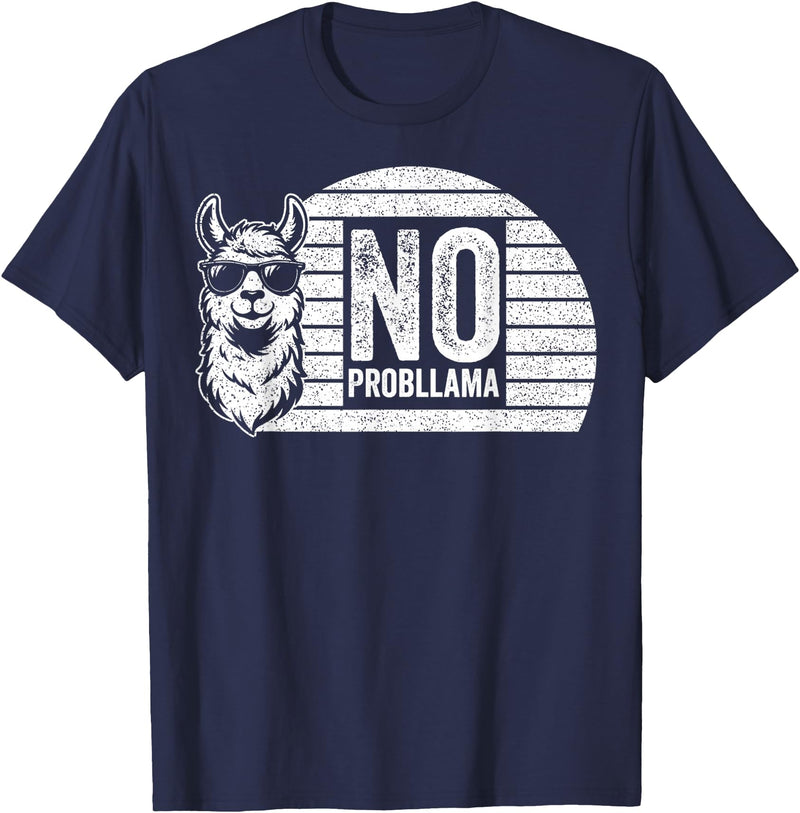 Teetro No Probllama Cool Llama Sunglasses Humor Animal T-Shirt - Navy Blue