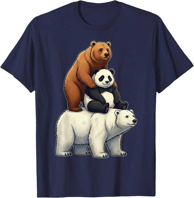 Cute Bear Panda Polar Bear Stack Funny Wildlife Funny Bears Stacked Panda Grizzly Polar Bear Trio Meme Art T-Shirt - Navy Blue