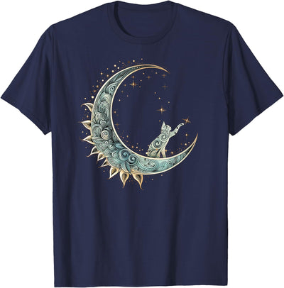Dibble Dabble Designs Mystical Aesthetic Cat Sitting on Crescent Moon Lunar Cat T-Shirt