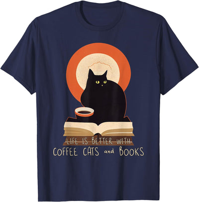 Coffee Animals Apparel Life is Better With Coffee Cats and Books - Cat Lover T-Shirt