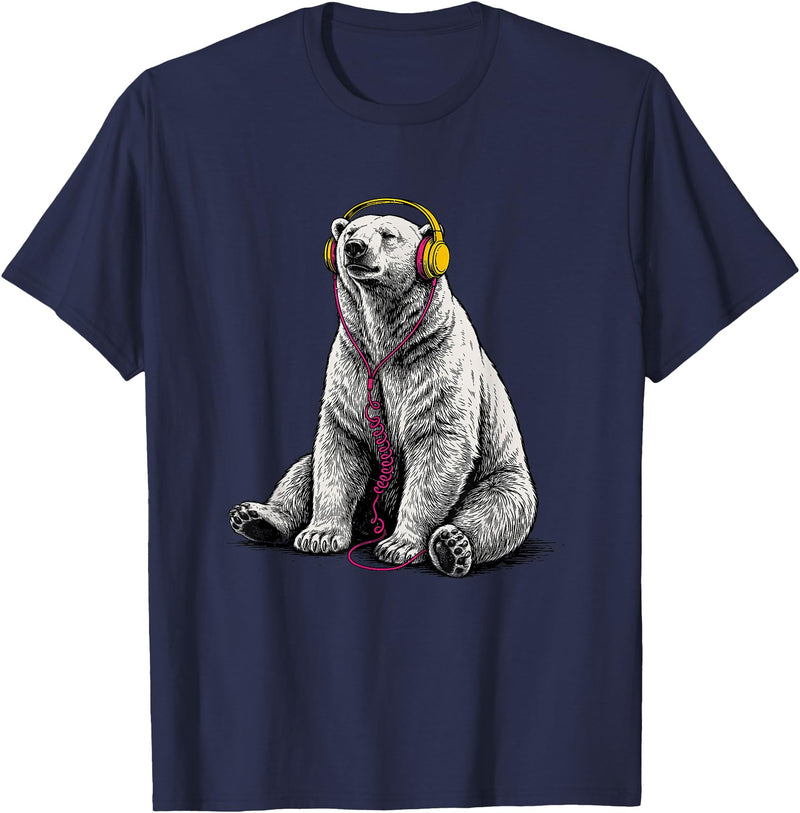 Arctic Wildlife Music Lover Designs Polar Bear Headphones Music Lover Funny Arctic DJ T-Shirt - Navy Blue