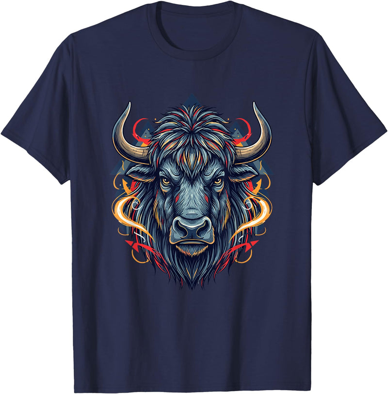 Wild Buffalo Bison Tribal Western Spirit Fierce Wild Bison Head Tribal Geometric Buffalo T-Shirt - Navy Blue