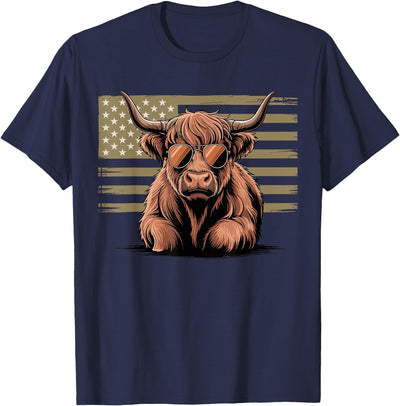 Highland Cow with Sunglasses and American Flag T-Shirt