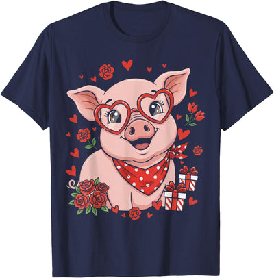 Pig Cute Farm Animal Sunglasses Heart Love Valentine T-Shirt