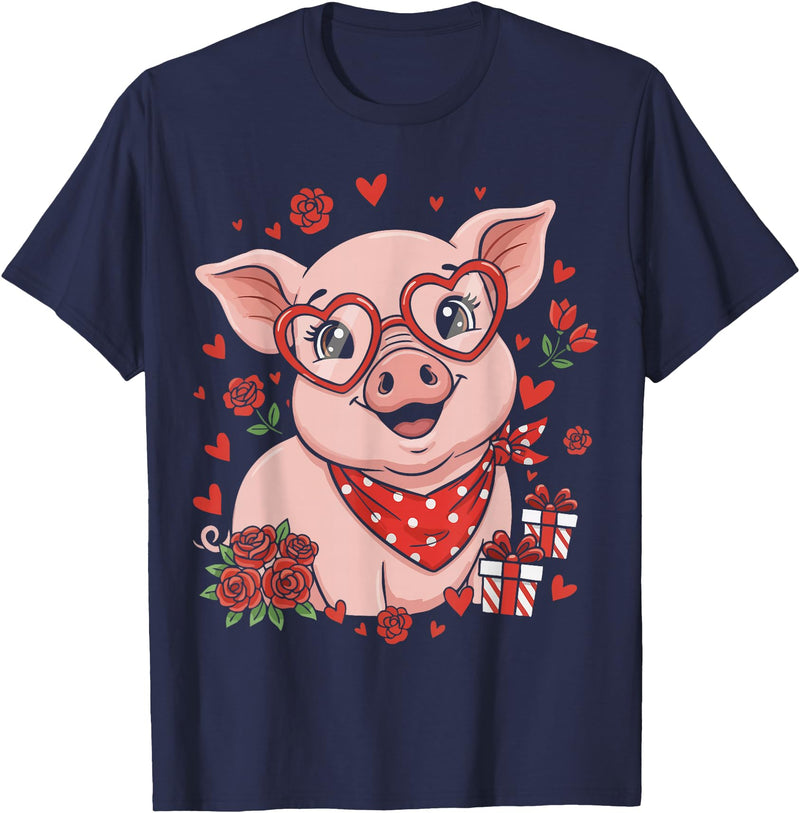 Pig Valentine Heart Love Cute Animal Lover Pig Cute Farm Animal Sunglasses Heart Love Valentine T-Shirt - Navy Blue