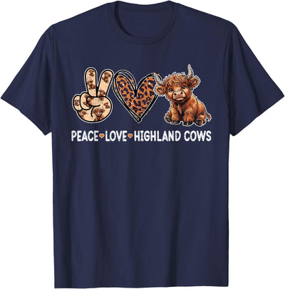 Girls Women Kids Peace Love Highland Cows Funny Beef Farmer T-Shirt