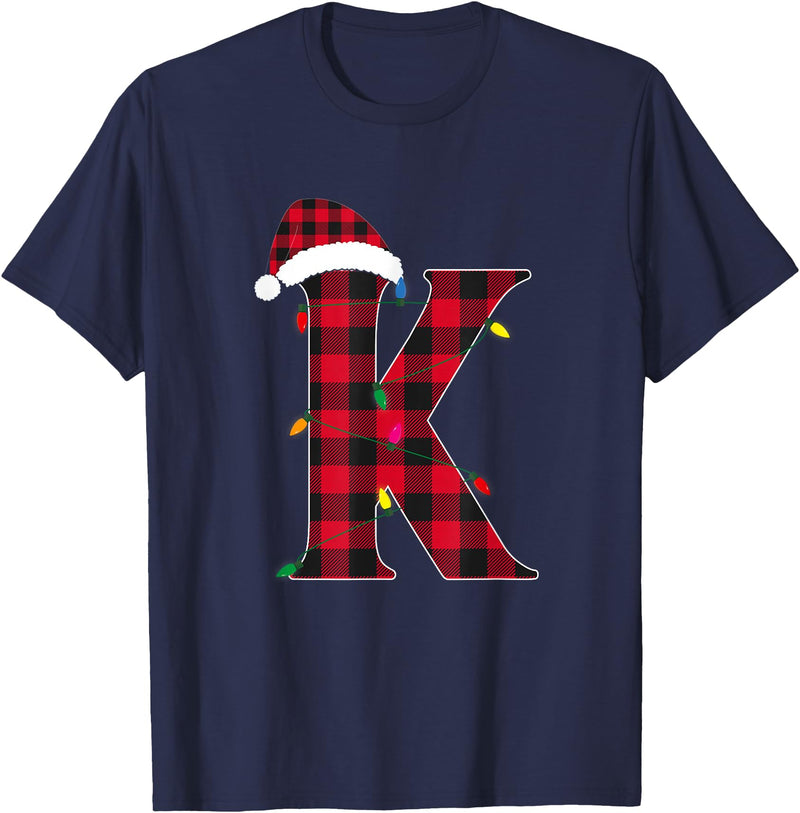 Awesome Letter K Initial Name Buffalo Plaid Christmas Pajama T-Shirt - Navy Blue
