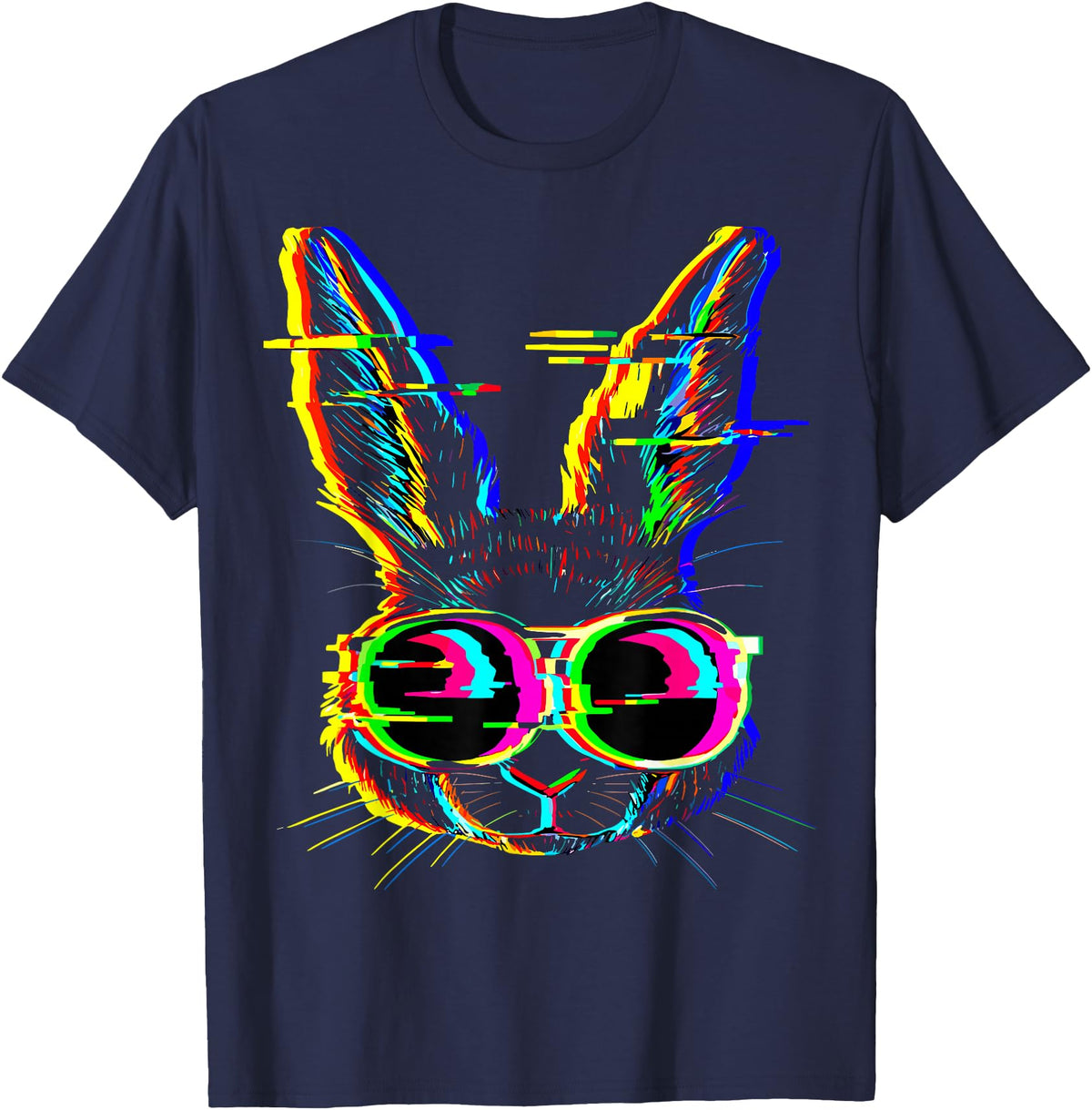 Trippy Rabbit Vibrant Glitch Effects Vaporwave EDM Lover T-Shirt in Navy Blue