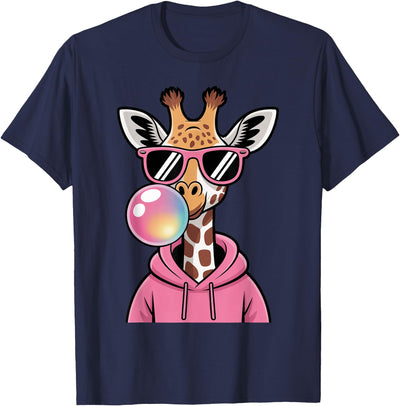 Cute Giraffe Blowing Bubble Gum and Pink Glasses Kids Boys T-Shirt