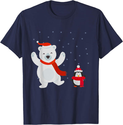 Polar Bear and Penguin Celebrating Christmas T-Shirt Uni